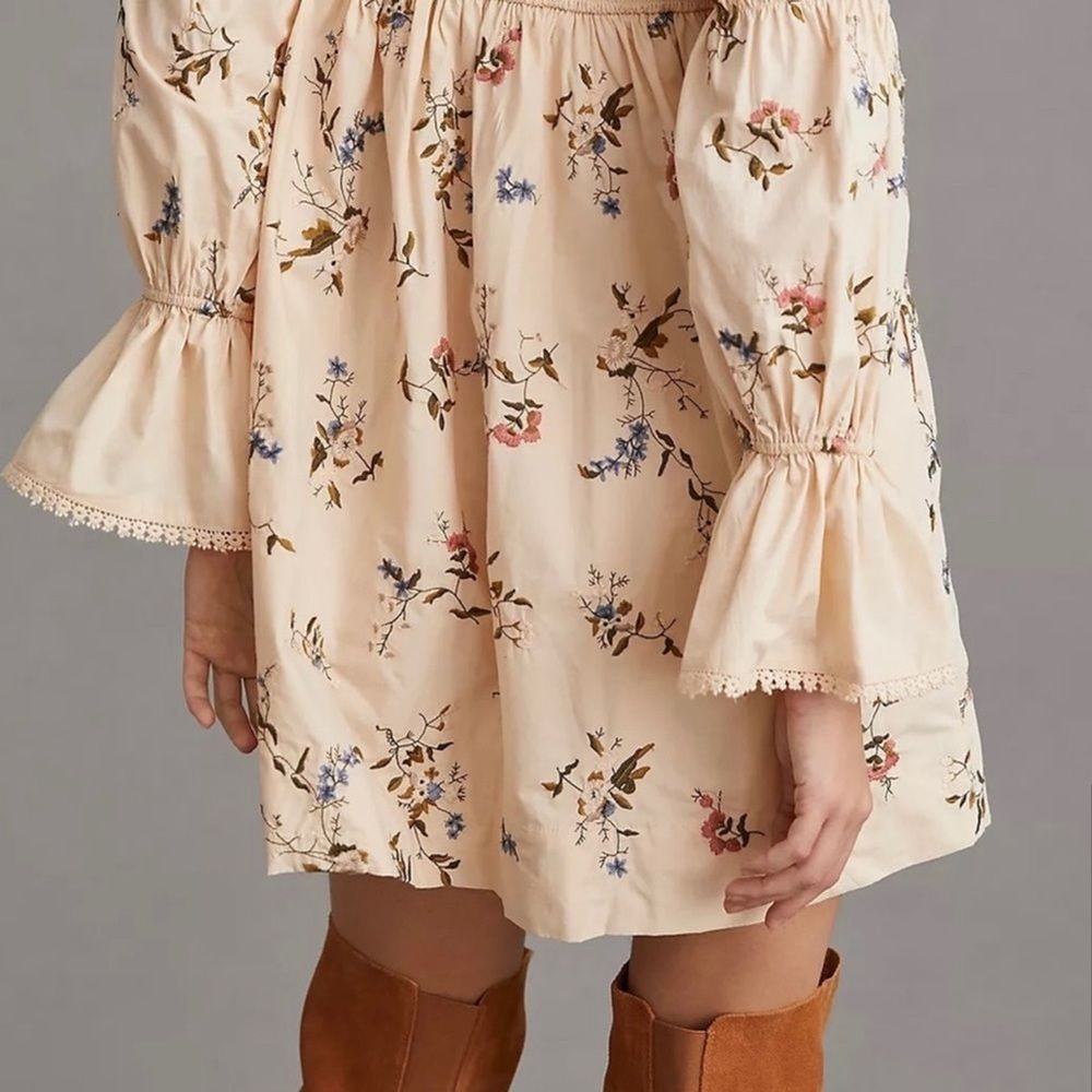 Anthropologie embroidered long sleeve mini floral peasant baby doll dress XS - Picture 5 of 15